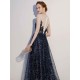 Amazing Dark Navy Evening Dresses Lace Sequin Illusion Sleeveless Floor Length Evening Dress