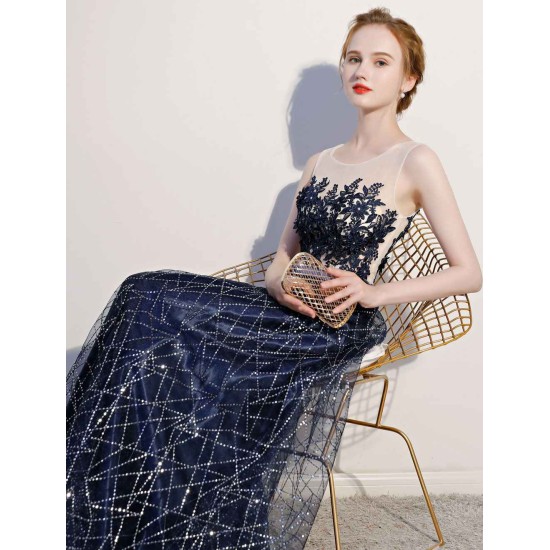 Amazing Dark Navy Evening Dresses Lace Sequin Illusion Sleeveless Floor Length Evening Dress