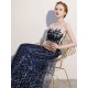 Amazing Dark Navy Evening Dresses Lace Sequin Illusion Sleeveless Floor Length Evening Dress