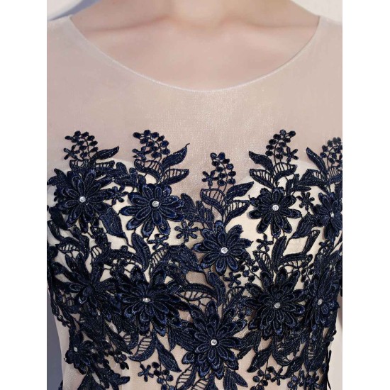 Amazing Dark Navy Evening Dresses Lace Sequin Illusion Sleeveless Floor Length Evening Dress