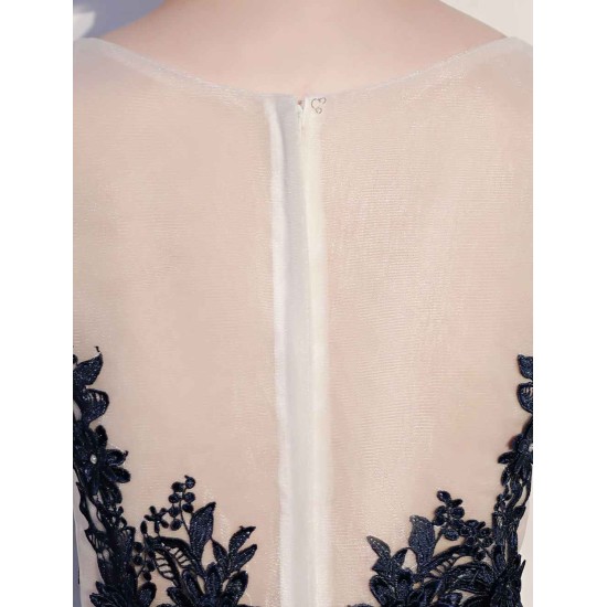 Amazing Dark Navy Evening Dresses Lace Sequin Illusion Sleeveless Floor Length Evening Dress