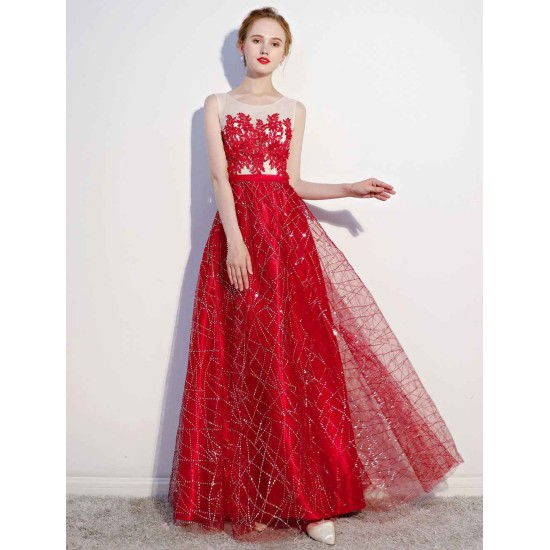 Amazing Dark Navy Evening Dresses Lace Sequin Illusion Sleeveless Floor Length Evening Dress
