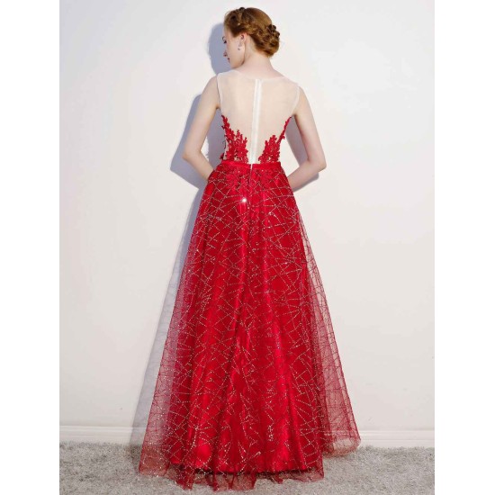 Amazing Dark Navy Evening Dresses Lace Sequin Illusion Sleeveless Floor Length Evening Dress