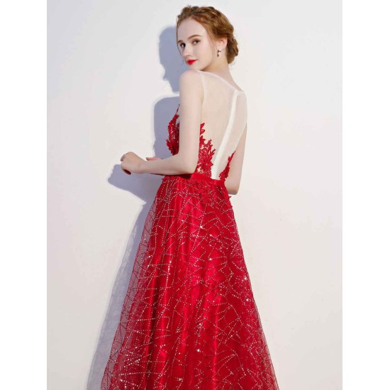 Amazing Dark Navy Evening Dresses Lace Sequin Illusion Sleeveless Floor Length Evening Dress