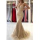 V-Neck Sleeveless Mermaid Evening Dress With Gold Appliques