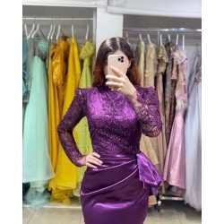 Long Sleeves Purple Mermaid Evening Gown with Lace Appliques