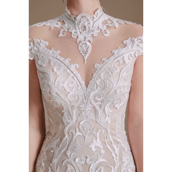 High Collar Lace Long Cap Sleeves Mermaid Wedding Dress | Ballbella Design