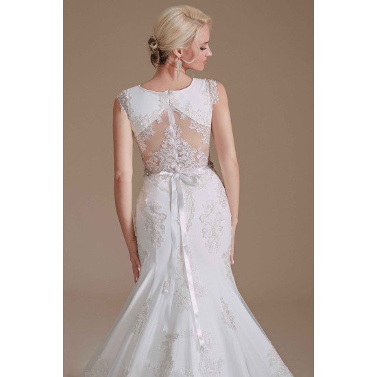 Jewel Lace Cap Sleeves Lace Mermaid Wedding Dress | Ballbella Design