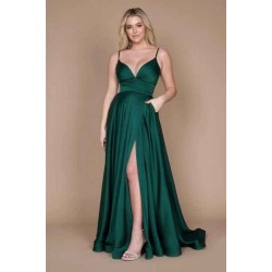Chic Green Spaghetti-Straps Sleeveless Column Satin Evening Dresses With Ruffles
