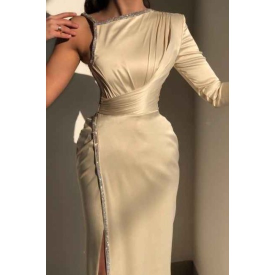 Glorious Ivory One Shoulder Long-Sleeve Sheath Evening Dresses With Sequins