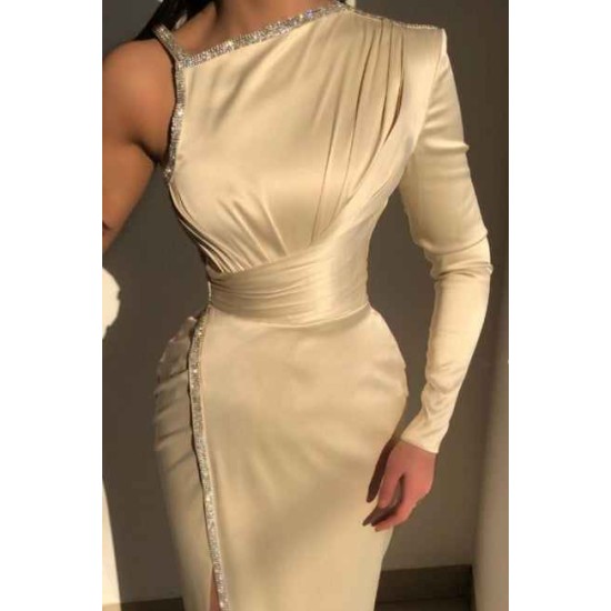 Glorious Ivory One Shoulder Long-Sleeve Sheath Evening Dresses With Sequins