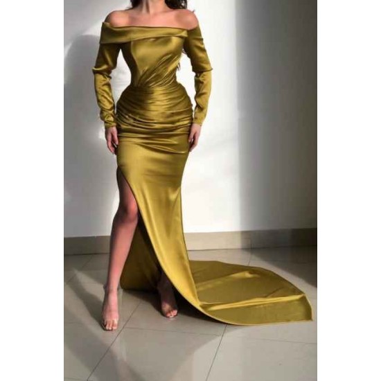 Glorious Yellow Off-the-shoulder Long-Sleeve Mermaid Long-Sleeve Evening Dresses