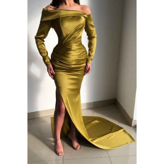 Glorious Yellow Off-the-shoulder Long-Sleeve Mermaid Long-Sleeve Evening Dresses
