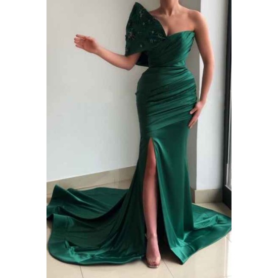 Amazing Green Strapless Sleeveless Mermaid Satin Evening Dresses With Ruffles