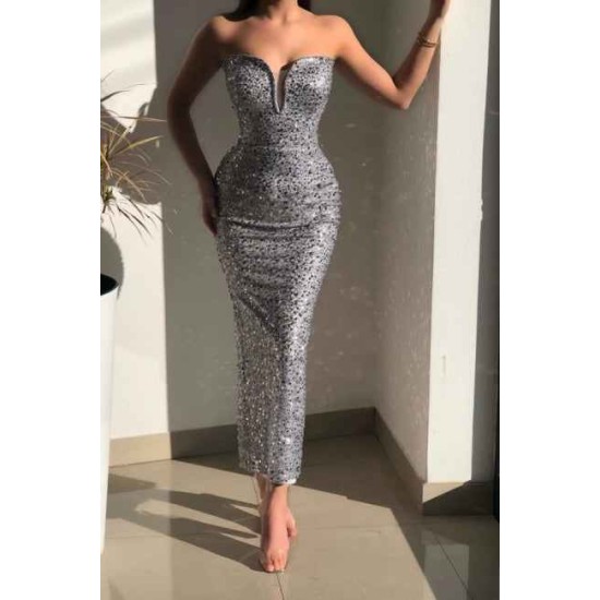Classy Silver Strapless Sleeveless Mermaid Glitter Evening Dresses