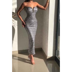Classy Silver Strapless Sleeveless Mermaid Glitter Evening Dresses