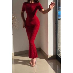 Red Jewel Short-Sleeve Mermaid Glitter Evening Dresses