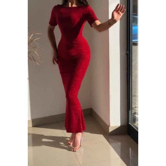 Red Jewel Short-Sleeve Mermaid Glitter Evening Dresses