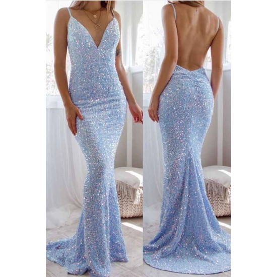 Gorgeous Spaghetti-Straps Backless Prom Dress Mermaid Sequins Sleeveless