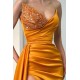 Sweetheart Orange Half-Beaded Long High Split Prom Dress with Half train