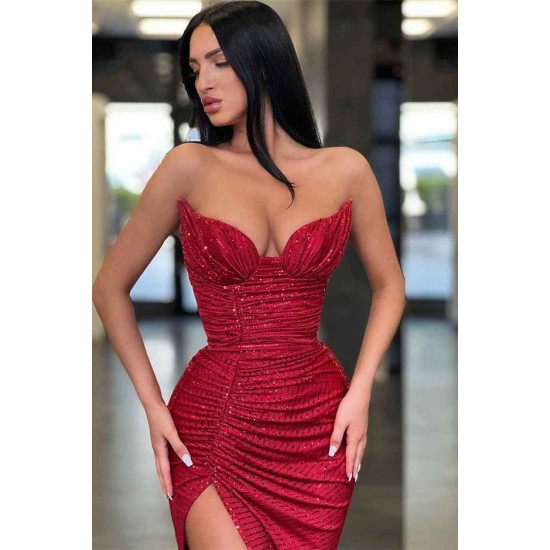Gorgeous Burgundy SPAGHETTI-STRAPS High split Long Mermaid Prom Dress