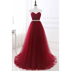 Gorgeous Burgundy Sweetheart Long Prom Dress Tulle Crystal Evening Gown