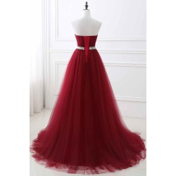 Gorgeous Burgundy Sweetheart Long Prom Dress Tulle Crystal Evening Gown