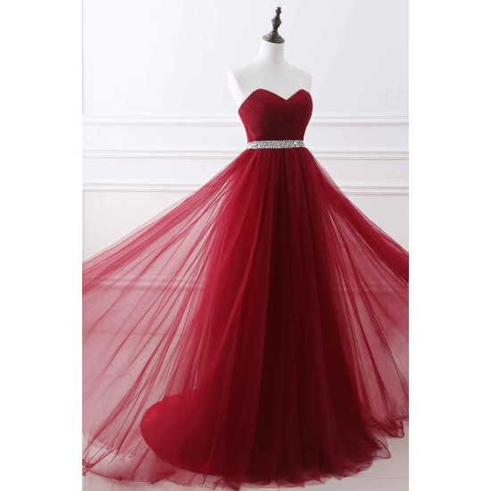 Gorgeous Burgundy Sweetheart Long Prom Dress Tulle Crystal Evening Gown