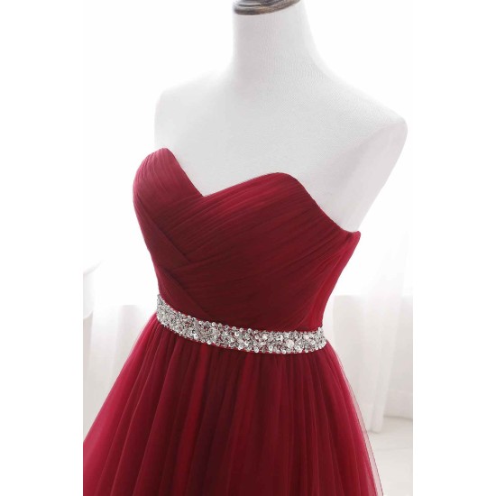 Gorgeous Burgundy Sweetheart Long Prom Dress Tulle Crystal Evening Gown