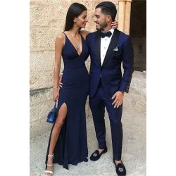 Dark Blue One Button Two-Piece Men's Prom Suits with Black Lapel
