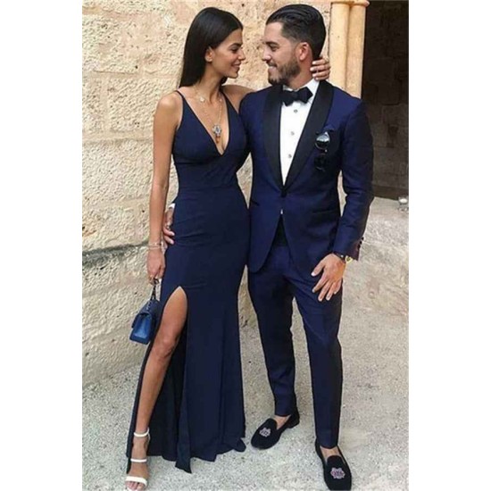 Dark Blue One Button Two-Piece Men's Prom Suits with Black Lapel