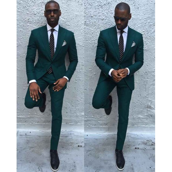 Dark Green Slim Fit Formal Mens Business Suit Classy Peaked Laple Prom Suits