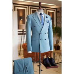 Sky Blue Peaked Lapel Double Breasted Bespoke Men's Prom Suits