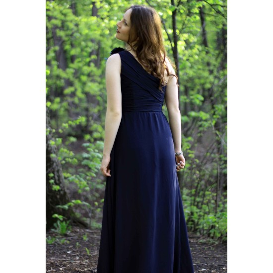 A-line One-shoulder Floor Length Chiffon Handmade Flower Bridesmaid Dress