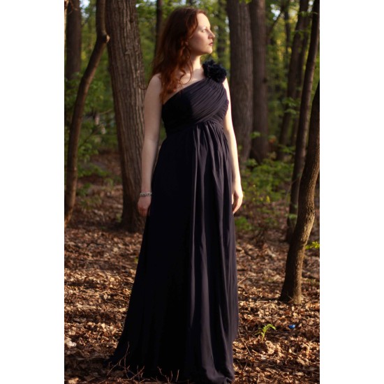 A-line One-shoulder Floor Length Chiffon Handmade Flower Bridesmaid Dress