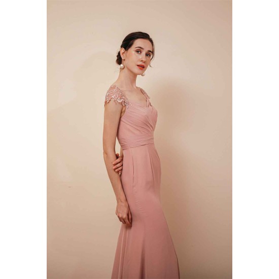 Dusty Pink Cap sleeves Chiffon Column Evening Dress