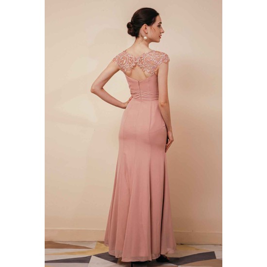 Dusty Pink Cap sleeves Chiffon Column Evening Dress