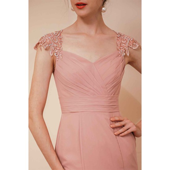 Dusty Pink Cap sleeves Chiffon Column Evening Dress