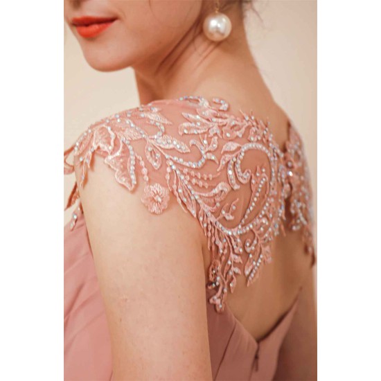 Dusty Pink Cap sleeves Chiffon Column Evening Dress
