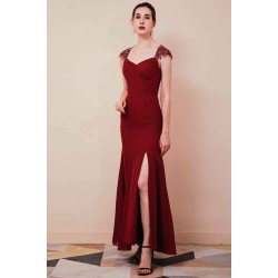 Burgundy Beaded Cap sleeves Chiffon Column Evening Dress