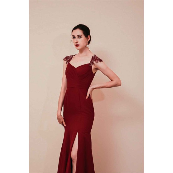 Burgundy Beaded Cap sleeves Chiffon Column Evening Dress