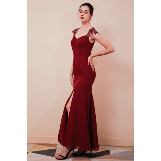 Burgundy Beaded Cap sleeves Chiffon Column Evening Dress