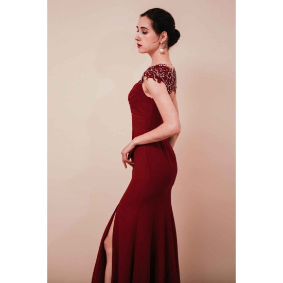 Burgundy Beaded Cap sleeves Chiffon Column Evening Dress