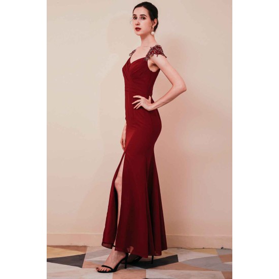 Burgundy Beaded Cap sleeves Chiffon Column Evening Dress