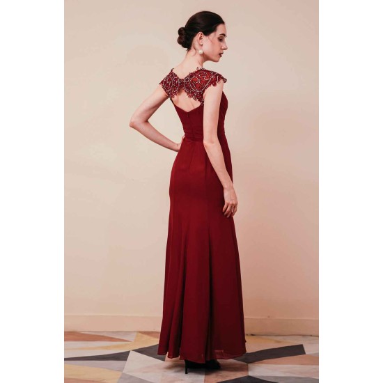 Burgundy Beaded Cap sleeves Chiffon Column Evening Dress
