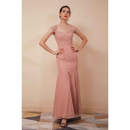 Burgundy Beaded Cap sleeves Chiffon Column Evening Dress