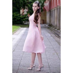 A-line Halter Round Collar Tea Length Chiffon Sleeveless Bridesmaid Dress
