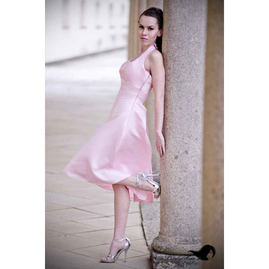 A-line Halter Round Collar Tea Length Chiffon Sleeveless Bridesmaid Dress