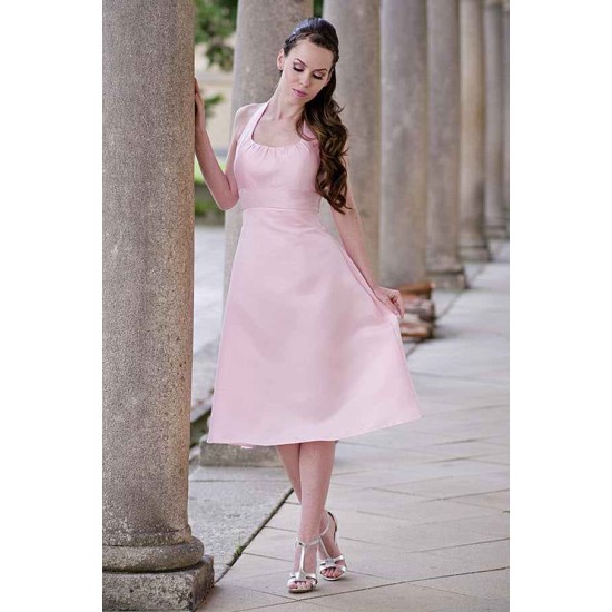 A-line Halter Round Collar Tea Length Chiffon Sleeveless Bridesmaid Dress