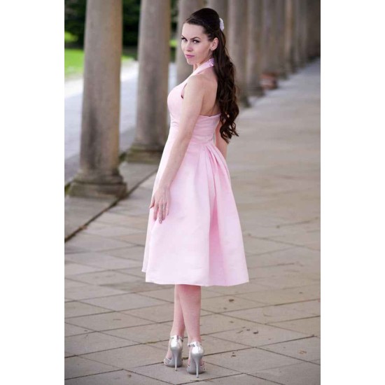 A-line Halter Round Collar Tea Length Chiffon Sleeveless Bridesmaid Dress